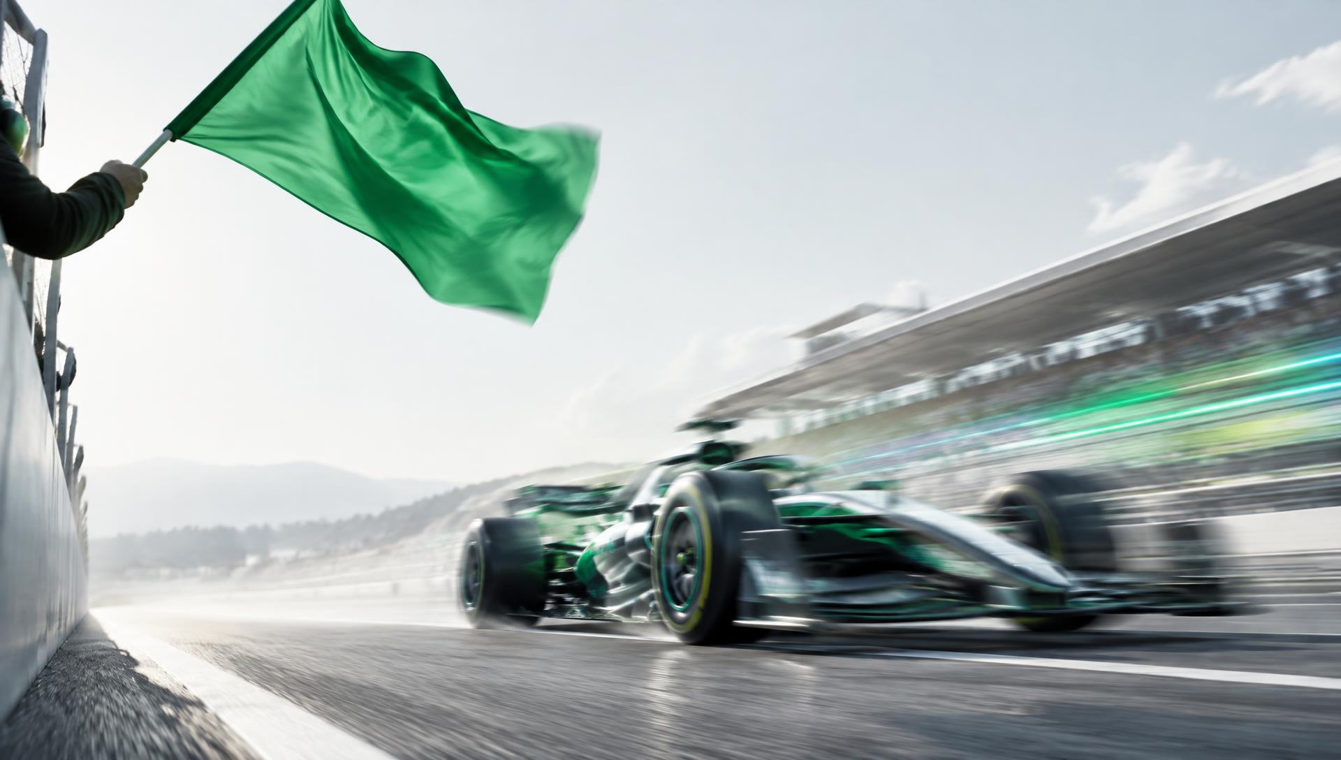 Carro de corrida em velocidade passando pela bandeira verde